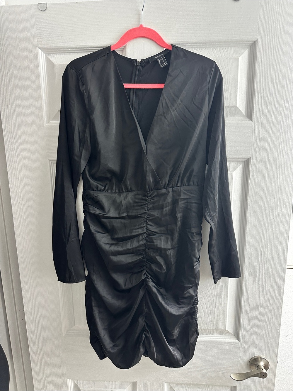 Forever 21 Black Long Sleeve Ruched Satin Dress